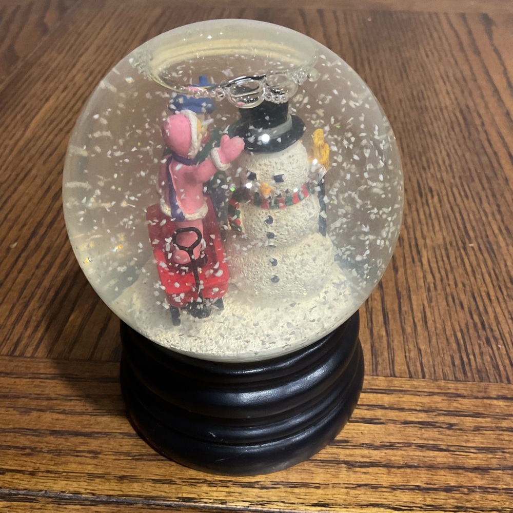 Festive Holiday Snow Globe with kids, wagon & snowman Black Base
